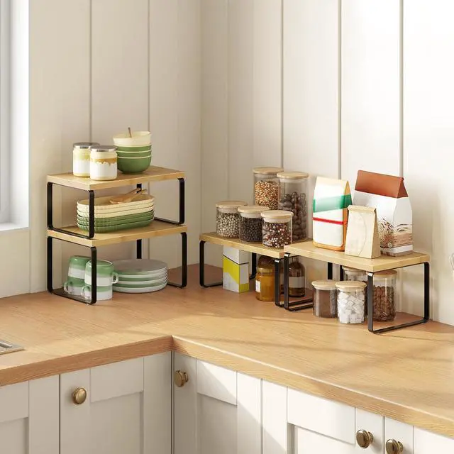 Alt view image 2 of 7 - Cabinet Organizer Shelf, Set of 4 Kitchen Counter Shelves, Expandable Kitchen Storage, Stackable Bamboo Spice Rack, for Kitchen, Countertop, Office Desk, Bathroom, Natural and Black YB30TLP201