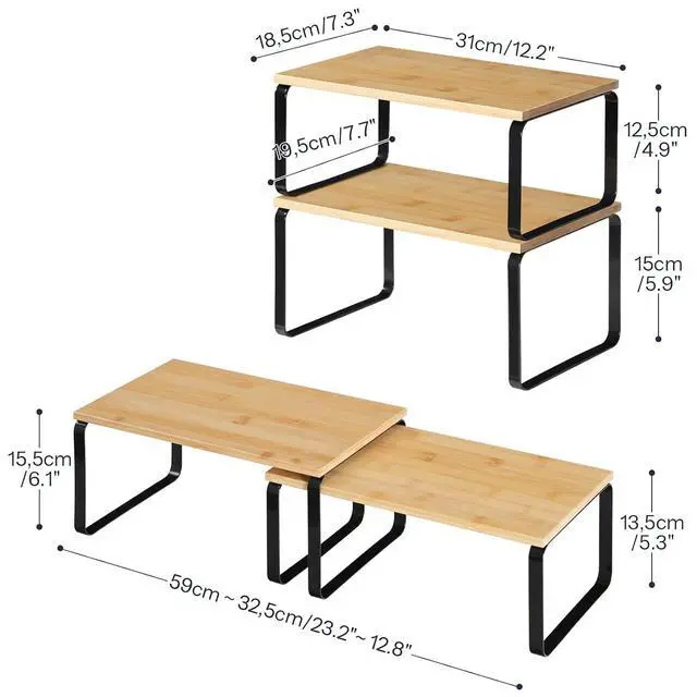 Alt view image 3 of 7 - Cabinet Organizer Shelf, Set of 4 Kitchen Counter Shelves, Expandable Kitchen Storage, Stackable Bamboo Spice Rack, for Kitchen, Countertop, Office Desk, Bathroom, Natural and Black YB30TLP201