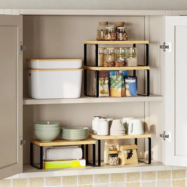 Alt view image 4 of 7 - Cabinet Organizer Shelf, Set of 4 Kitchen Counter Shelves, Expandable Kitchen Storage, Stackable Bamboo Spice Rack, for Kitchen, Countertop, Office Desk, Bathroom, Natural and Black YB30TLP201