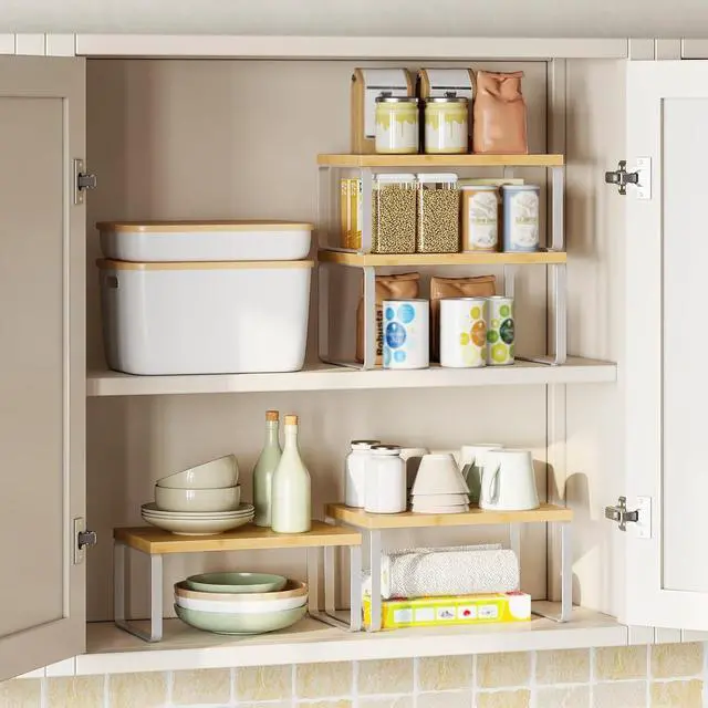 Alt view image 4 of 7 - Cabinet Organizer Shelf, Set of 4 Kitchen Counter Shelves, Expandable Kitchen Storage, Stackable Bamboo Spice Rack, for Kitchen, Countertop, Office Desk, Bathroom, Natural and White YW30TLP201