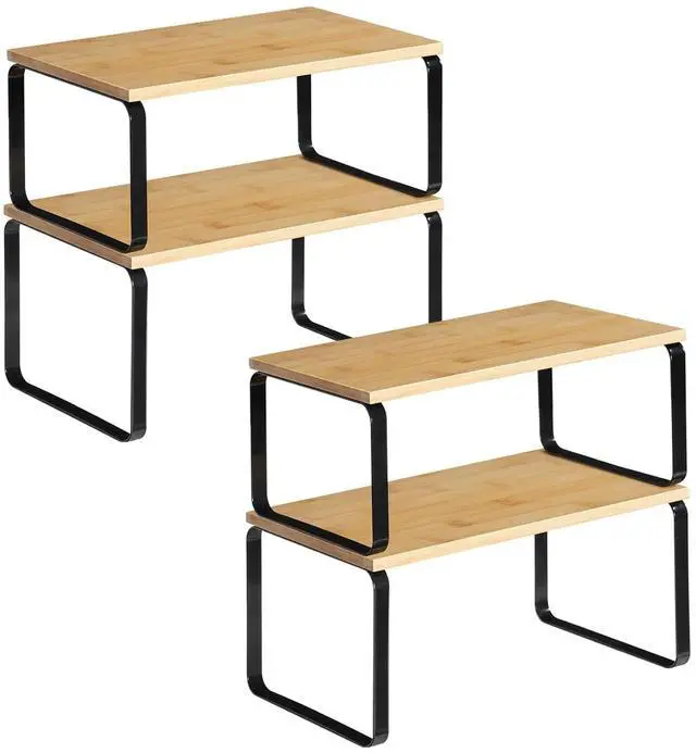 Main image of Cabinet Organizer Shelf, Set of 4 Kitchen Counter Shelves, Expandable Kitchen Storage, Stackable Bamboo Spice Rack, for Kitchen, Countertop, Office Desk, Bathroom, Natural and Black YB30TLP201