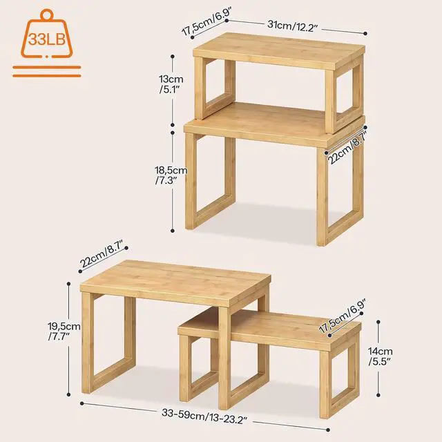 Alt view image 2 of 7 - Cabinet Organizer Shelf, Set of 2 Kitchen Counter Shelves, Expandable Kitchen Storage, Stackable Bamboo Spice Rack, for Kitchen, Countertop, Office Desk, Living Room, Natural YL20TL01
