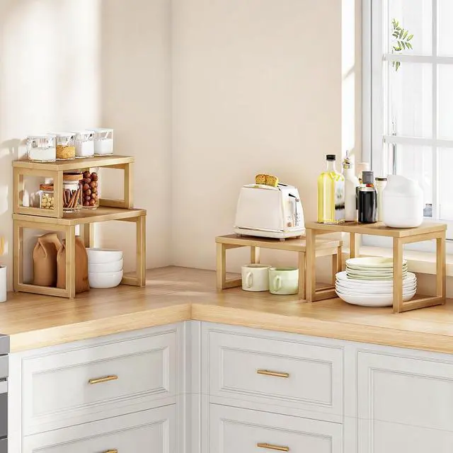 Alt view image 3 of 7 - Cabinet Organizer Shelf, Set of 2 Kitchen Counter Shelves, Expandable Kitchen Storage, Stackable Bamboo Spice Rack, for Kitchen, Countertop, Office Desk, Living Room, Natural YL20TL01