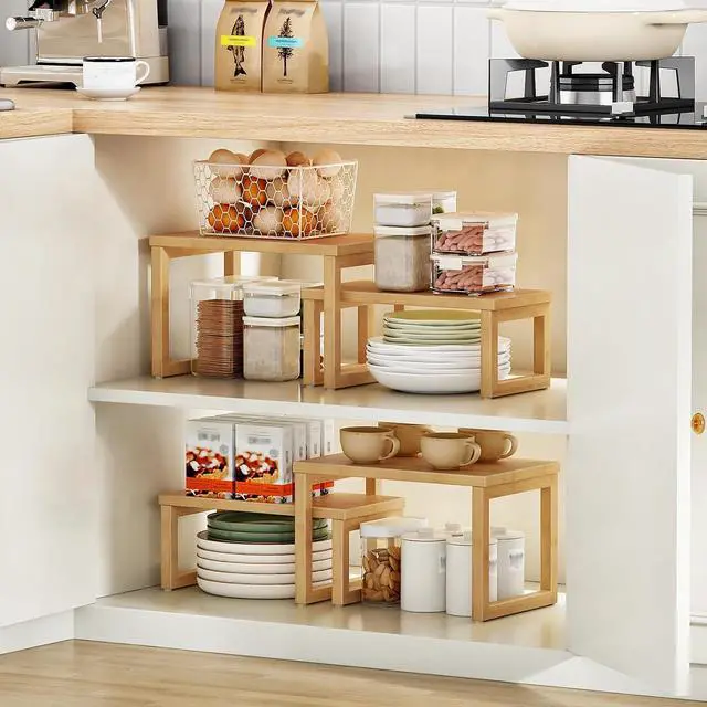 Alt view image 4 of 7 - Cabinet Organizer Shelf, Set of 2 Kitchen Counter Shelves, Expandable Kitchen Storage, Stackable Bamboo Spice Rack, for Kitchen, Countertop, Office Desk, Living Room, Natural YL20TL01