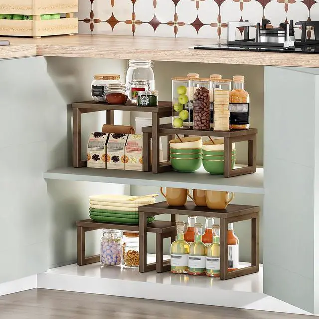 Alt view image 4 of 7 - Cabinet Organizer Shelf, Set of 2 Kitchen Counter Shelves, Expandable Kitchen Storage, Stackable Bamboo Spice Rack, for Kitchen, Countertop, Office Desk, Living Room, Mocha MA20TL01