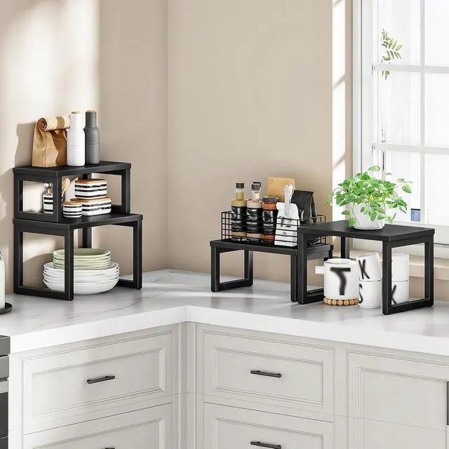 Alt view image 3 of 7 - Cabinet Organizer Shelf, Set of 4 Kitchen Counter Shelves, Expandable Kitchen Storage, Stackable Spice Rack, for Kitchen, Countertop, Office Desk, Living Room, Black BK20TLP201