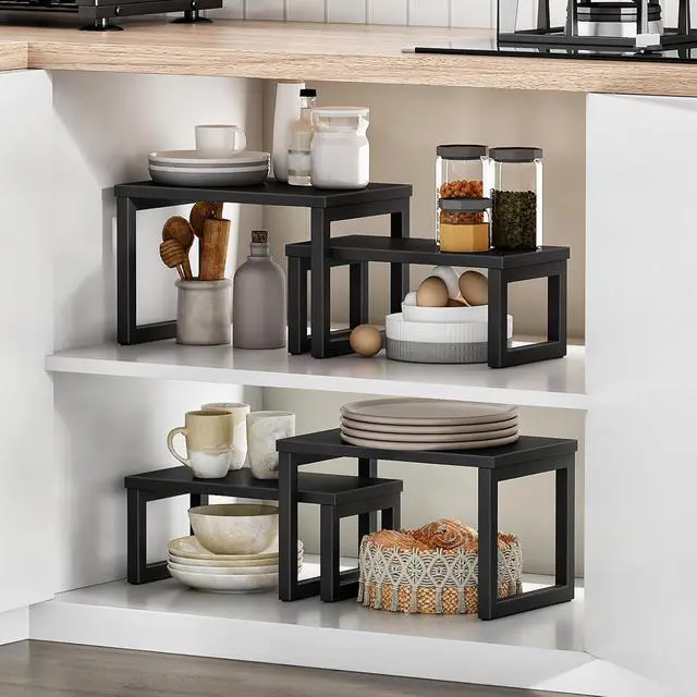 Alt view image 4 of 7 - Cabinet Organizer Shelf, Set of 4 Kitchen Counter Shelves, Expandable Kitchen Storage, Stackable Spice Rack, for Kitchen, Countertop, Office Desk, Living Room, Black BK20TLP201