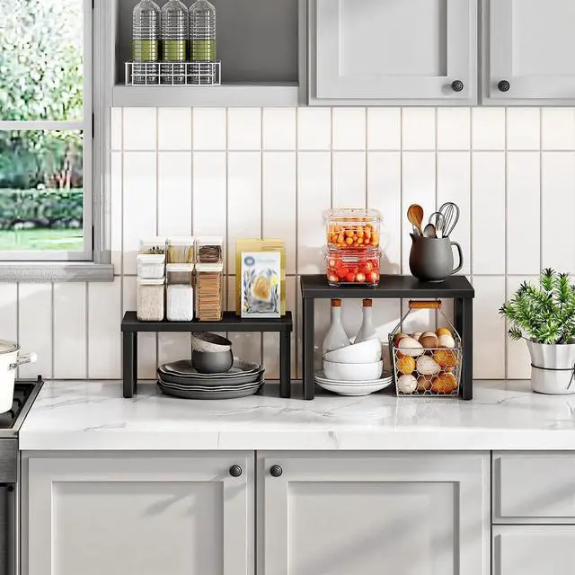 Alt view image 5 of 7 - Cabinet Organizer Shelf, Set of 4 Kitchen Counter Shelves, Expandable Kitchen Storage, Stackable Spice Rack, for Kitchen, Countertop, Office Desk, Living Room, Black BK20TLP201
