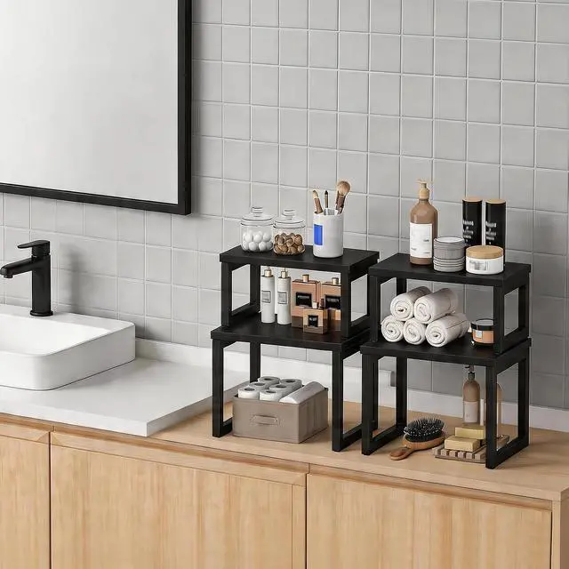 Alt view image 6 of 7 - Cabinet Organizer Shelf, Set of 4 Kitchen Counter Shelves, Expandable Kitchen Storage, Stackable Spice Rack, for Kitchen, Countertop, Office Desk, Living Room, Black BK20TLP201