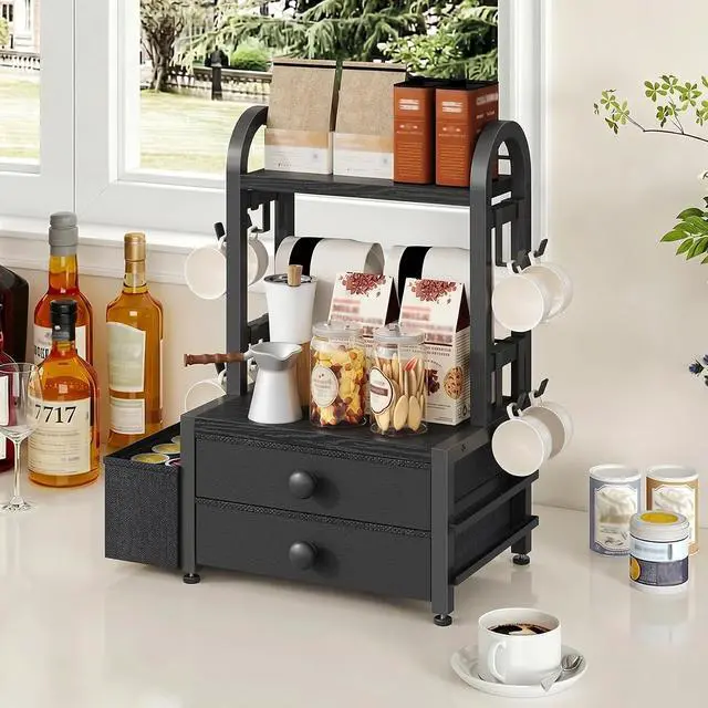 Alt view image 2 of 7 - Coffee Mug Tree, 2 Tier Mug Organizer, Coffee Mug Cup Holder with Drawer for 40K-Cup Pods, Mug Display Stand with 8 Hooks, Countertop Holder Rack for Kitchens, Black BB04CR01