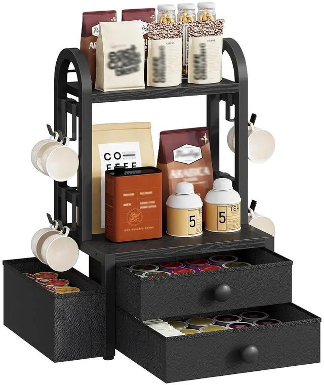 Main image of Coffee Mug Tree, 2 Tier Mug Organizer, Coffee Mug Cup Holder with Drawer for 40K-Cup Pods, Mug Display Stand with 8 Hooks, Countertop Holder Rack for Kitchens, Black BB04CR01