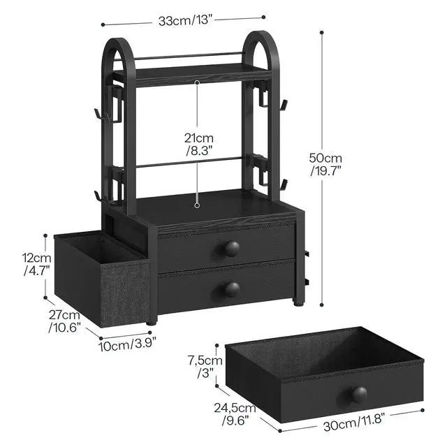 Alt view image 3 of 7 - Coffee Mug Tree, 2 Tier Mug Organizer, Coffee Mug Cup Holder with Drawer for 40K-Cup Pods, Mug Display Stand with 8 Hooks, Countertop Holder Rack for Kitchens, Black BB04CR01