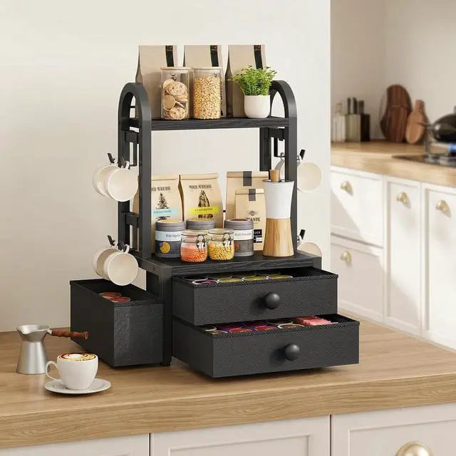 Alt view image 4 of 7 - Coffee Mug Tree, 2 Tier Mug Organizer, Coffee Mug Cup Holder with Drawer for 40K-Cup Pods, Mug Display Stand with 8 Hooks, Countertop Holder Rack for Kitchens, Black BB04CR01