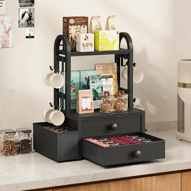 Alt view image 5 of 7 - Coffee Mug Tree, 2 Tier Mug Organizer, Coffee Mug Cup Holder with Drawer for 40K-Cup Pods, Mug Display Stand with 8 Hooks, Countertop Holder Rack for Kitchens, Black BB04CR01