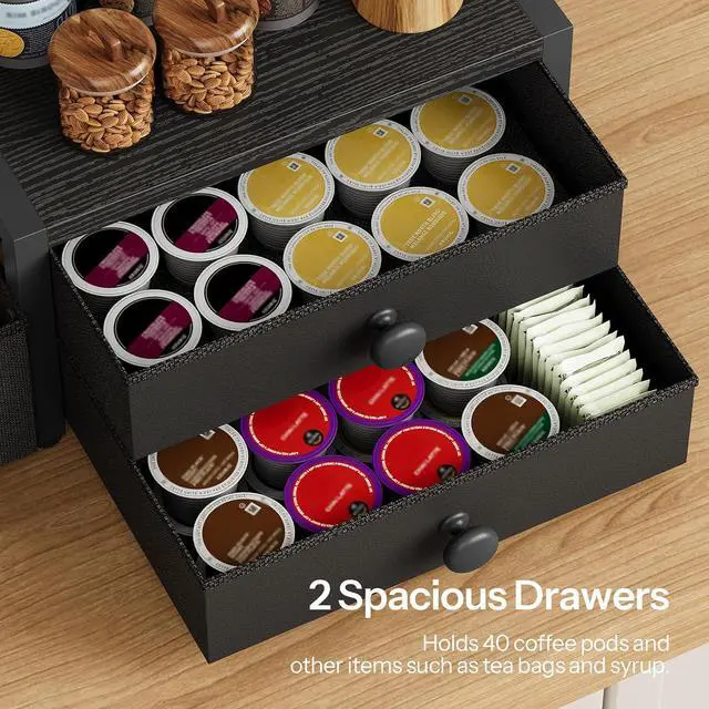 Alt view image 6 of 7 - Coffee Mug Tree, 2 Tier Mug Organizer, Coffee Mug Cup Holder with Drawer for 40K-Cup Pods, Mug Display Stand with 8 Hooks, Countertop Holder Rack for Kitchens, Black BB04CR01