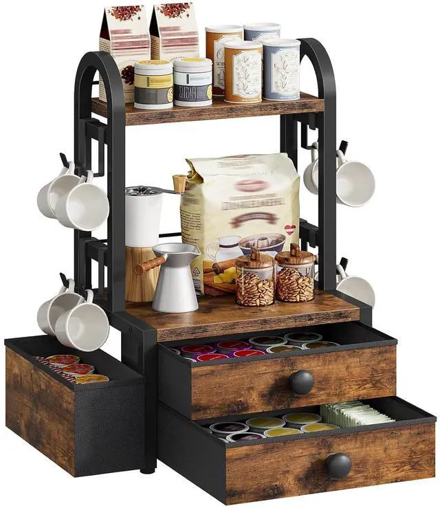 Main image of Coffee Mug Tree, 2 Tier Mug Organizer, Coffee Mug Cup Holder with Drawer for 40K-Cup Pods, Mug Display Stand with 8 Hooks, Countertop Holder Rack for Kitchens, Black and Rustic Brown BF04CR01
