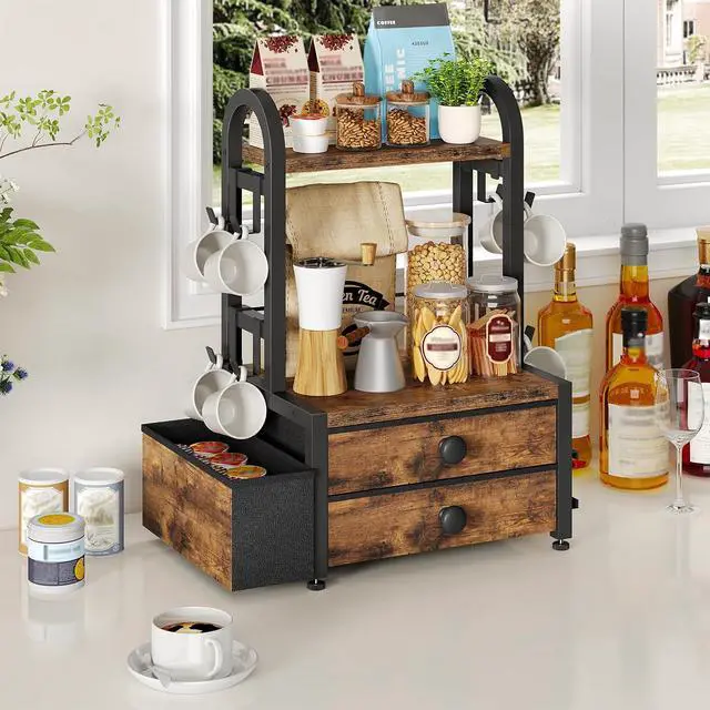Alt view image 2 of 7 - Coffee Mug Tree, 2 Tier Mug Organizer, Coffee Mug Cup Holder with Drawer for 40K-Cup Pods, Mug Display Stand with 8 Hooks, Countertop Holder Rack for Kitchens, Black and Rustic Brown BF04CR01