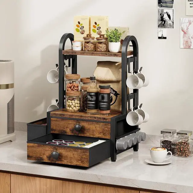 Alt view image 3 of 7 - Coffee Mug Tree, 2 Tier Mug Organizer, Coffee Mug Cup Holder with Drawer for 40K-Cup Pods, Mug Display Stand with 8 Hooks, Countertop Holder Rack for Kitchens, Black and Rustic Brown BF04CR01