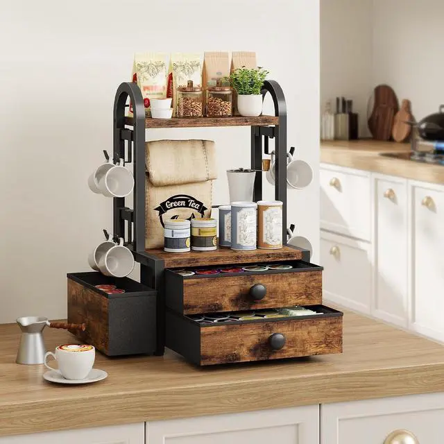 Alt view image 6 of 7 - Coffee Mug Tree, 2 Tier Mug Organizer, Coffee Mug Cup Holder with Drawer for 40K-Cup Pods, Mug Display Stand with 8 Hooks, Countertop Holder Rack for Kitchens, Black and Rustic Brown BF04CR01
