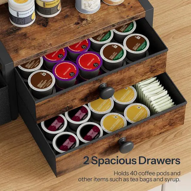 Alt view image 4 of 7 - Coffee Mug Tree, 2 Tier Mug Organizer, Coffee Mug Cup Holder with Drawer for 40K-Cup Pods, Mug Display Stand with 8 Hooks, Countertop Holder Rack for Kitchens, Black and Rustic Brown BF04CR01