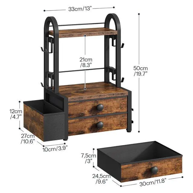 Alt view image 7 of 7 - Coffee Mug Tree, 2 Tier Mug Organizer, Coffee Mug Cup Holder with Drawer for 40K-Cup Pods, Mug Display Stand with 8 Hooks, Countertop Holder Rack for Kitchens, Black and Rustic Brown BF04CR01