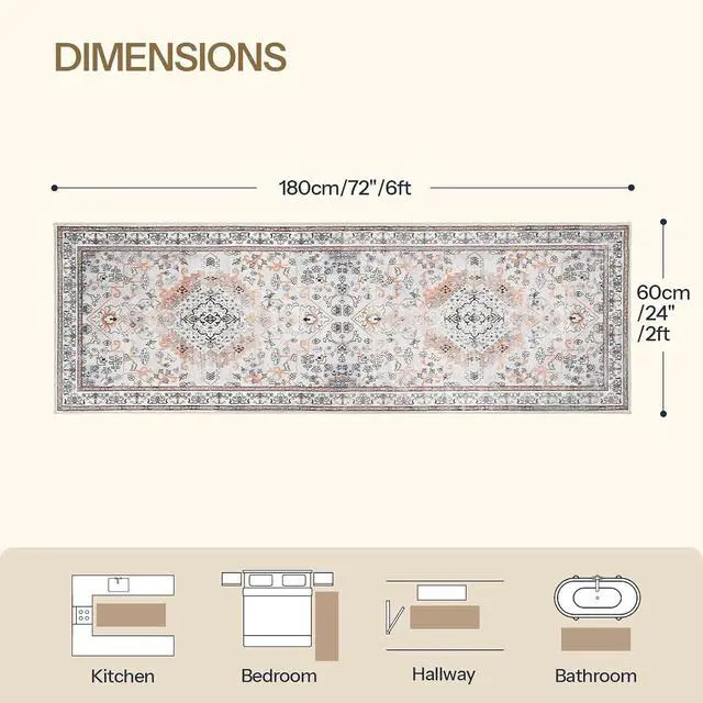 Alt view image 2 of 7 - 2 x 6 Runner Rugs Washable, Area Rugs for Hallway Kitchen Bedroom Beside Laundry Bathroom Rug, Non-Slip Backing Stain Resistant Carpet, Pet Friendly Low Pile Soft Rug, Vintage Beige EF02AR01