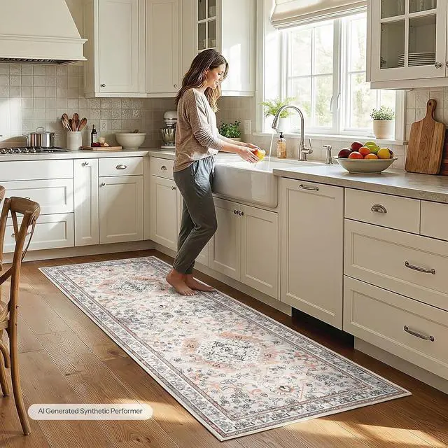 Alt view image 3 of 7 - 2 x 6 Runner Rugs Washable, Area Rugs for Hallway Kitchen Bedroom Beside Laundry Bathroom Rug, Non-Slip Backing Stain Resistant Carpet, Pet Friendly Low Pile Soft Rug, Vintage Beige EF02AR01