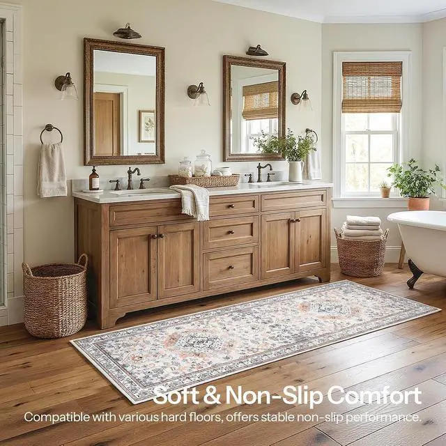 Alt view image 4 of 7 - 2 x 6 Runner Rugs Washable, Area Rugs for Hallway Kitchen Bedroom Beside Laundry Bathroom Rug, Non-Slip Backing Stain Resistant Carpet, Pet Friendly Low Pile Soft Rug, Vintage Beige EF02AR01