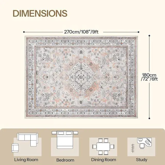Alt view image 3 of 7 - Washable Rug 6 x 9 Area Rugs for Living Room, Non-Slip Stain Resistant Rug, Low Pile Soft Rug Indoor Large Carpets Pet Friendly Mat, for Bedroom Kitchen Dining Room, Vintage Beige EF04AR01