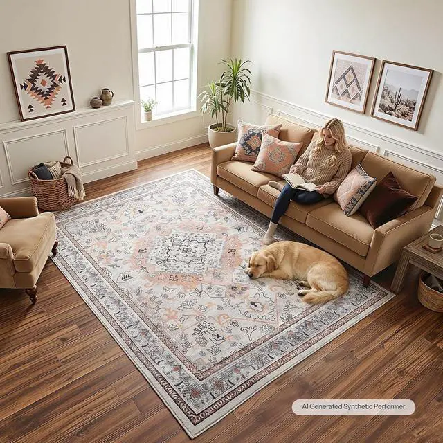 Alt view image 2 of 7 - Washable Rug 6 x 9 Area Rugs for Living Room, Non-Slip Stain Resistant Rug, Low Pile Soft Rug Indoor Large Carpets Pet Friendly Mat, for Bedroom Kitchen Dining Room, Vintage Beige EF04AR01