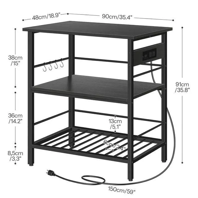 Alt view image 3 of 7 - Kitchen Island with Storage, Kitchen Island Table with Power Outlet, 35.4" L 3 Tier Coffee Station and Microwave Stand, for Home, Kitchen and Dining Room, Black BB021ZD01