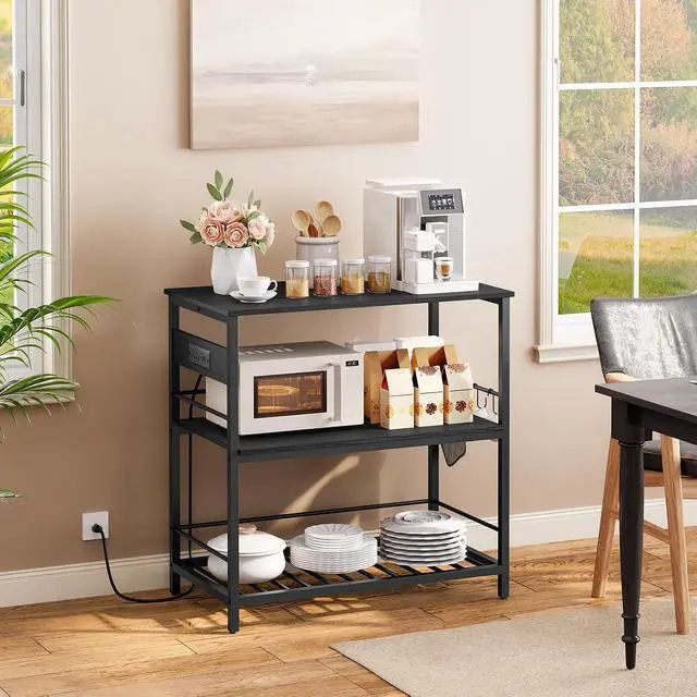 Alt view image 2 of 7 - Kitchen Island with Storage, Kitchen Island Table with Power Outlet, 35.4" L 3 Tier Coffee Station and Microwave Stand, for Home, Kitchen and Dining Room, Black BB021ZD01