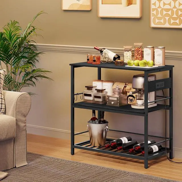 Alt view image 4 of 7 - Kitchen Island with Storage, Kitchen Island Table with Power Outlet, 35.4" L 3 Tier Coffee Station and Microwave Stand, for Home, Kitchen and Dining Room, Black BB021ZD01