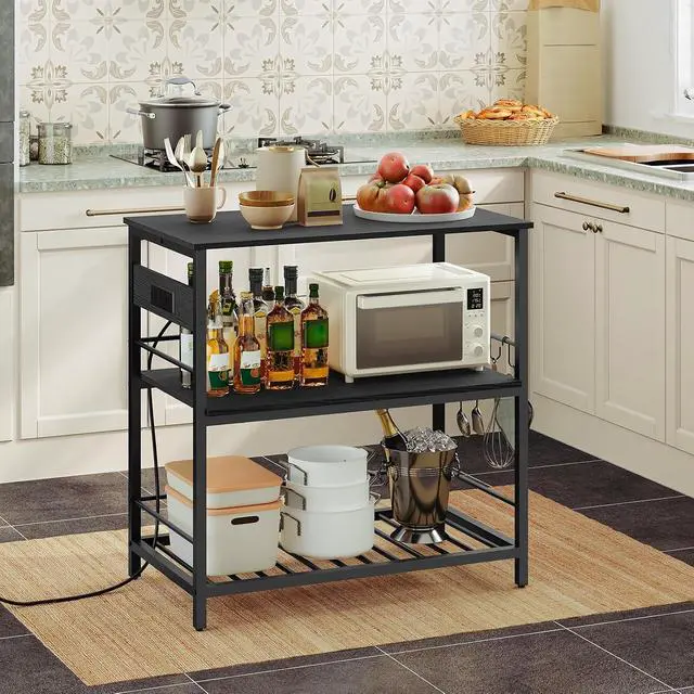 Alt view image 6 of 7 - Kitchen Island with Storage, Kitchen Island Table with Power Outlet, 35.4" L 3 Tier Coffee Station and Microwave Stand, for Home, Kitchen and Dining Room, Black BB021ZD01