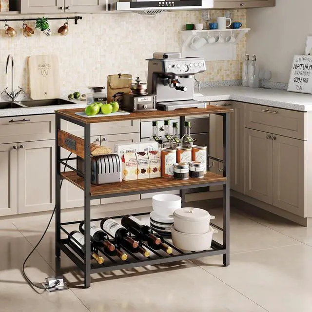 Alt view image 2 of 7 - Kitchen Island with Storage, Kitchen Island Table with Power Outlet, 47.2" L 3 Tier Kitchen Counter and Microwave Stand, for Home, Kitchen and Dining Room, Rustic Brown and Black BF120UZD01