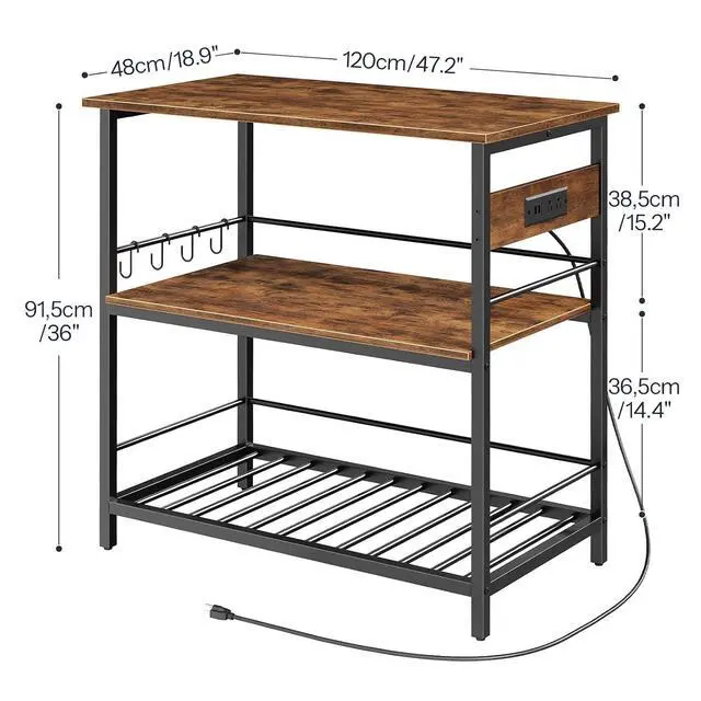 Alt view image 3 of 7 - Kitchen Island with Storage, Kitchen Island Table with Power Outlet, 47.2" L 3 Tier Kitchen Counter and Microwave Stand, for Home, Kitchen and Dining Room, Rustic Brown and Black BF120UZD01