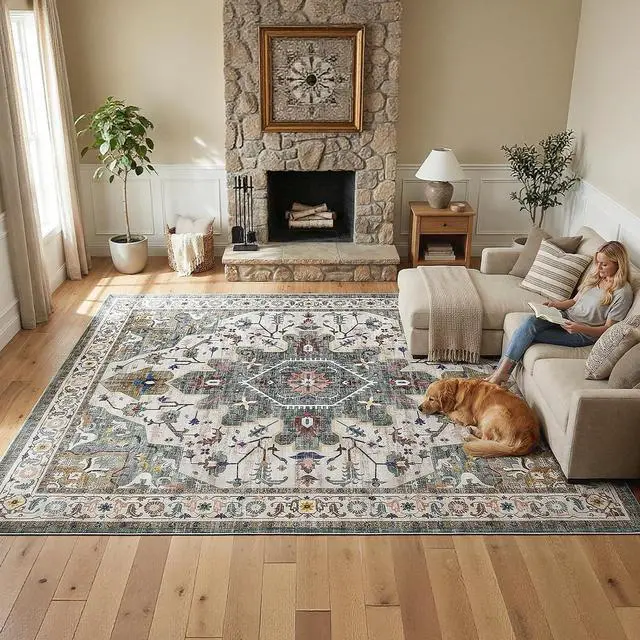 Main image of Washable Rug 8 x 10 Area Rugs for Living Room, Non-Slip Stain Resistant Rug, Low Pile Soft Rug Indoor Large Carpets Pet Friendly Mat, for Bedroom Kitchen Dining Room, Vintage Green GN05AR01