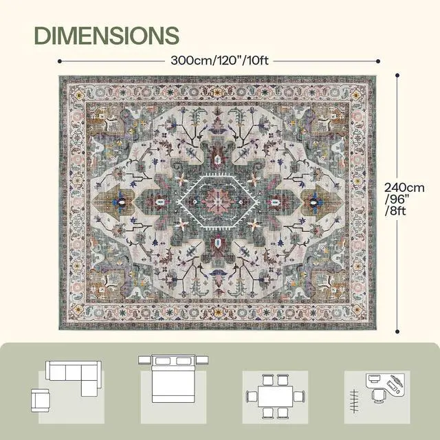 Alt view image 2 of 7 - Washable Rug 8 x 10 Area Rugs for Living Room, Non-Slip Stain Resistant Rug, Low Pile Soft Rug Indoor Large Carpets Pet Friendly Mat, for Bedroom Kitchen Dining Room, Vintage Green GN05AR01