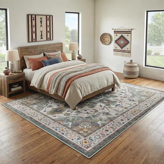 Alt view image 5 of 7 - Washable Rug 8 x 10 Area Rugs for Living Room, Non-Slip Stain Resistant Rug, Low Pile Soft Rug Indoor Large Carpets Pet Friendly Mat, for Bedroom Kitchen Dining Room, Vintage Green GN05AR01