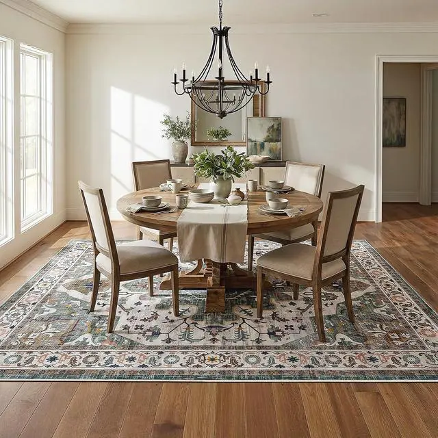 Alt view image 6 of 7 - Washable Rug 8 x 10 Area Rugs for Living Room, Non-Slip Stain Resistant Rug, Low Pile Soft Rug Indoor Large Carpets Pet Friendly Mat, for Bedroom Kitchen Dining Room, Vintage Green GN05AR01