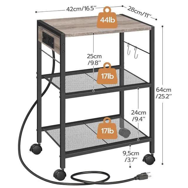Alt view image 3 of 7 - Industrial Printer Stand, 3-Tier Mobile Printer Table, Rolling Cart with Power Outlets and USB Ports, Home Printer Stand with 2 Hooks, for Office, Living Room, Greige and Black BG22UPS01