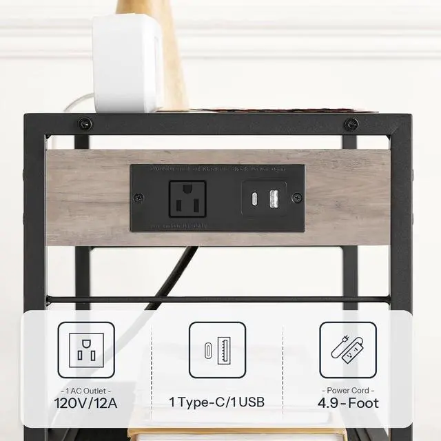 Alt view image 4 of 7 - Industrial Printer Stand, 3-Tier Mobile Printer Table, Rolling Cart with Power Outlets and USB Ports, Home Printer Stand with 2 Hooks, for Office, Living Room, Greige and Black BG22UPS01