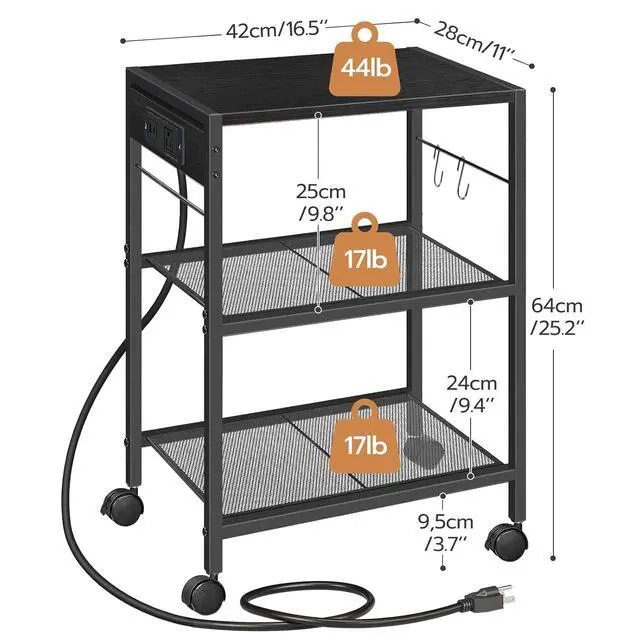 Alt view image 3 of 7 - Industrial Printer Stand, 3-Tier Mobile Printer Table, Rolling Cart with Power Outlets and USB Ports, Home Printer Stand with 2 Hooks, for Office, Living Room, Black BB22UPS01