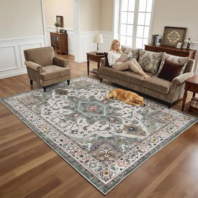 Main image of Washable Rug 6 x 9 Area Rugs for Living Room, Non-Slip Stain Resistant Rug, Low Pile Soft Rug Indoor Large Carpets Pet Friendly Mat, for Bedroom Kitchen Dining Room, Vintage Green GN04AR01
