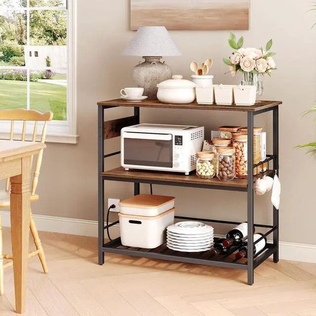 Alt view image 6 of 7 - Kitchen Island with Storage, Kitchen Island Table with Power Outlet, 47.2" L 3 Tier Kitchen Counter and Microwave Stand, for Home, Kitchen and Dining Room, Rustic Brown and Black BF120UZD01