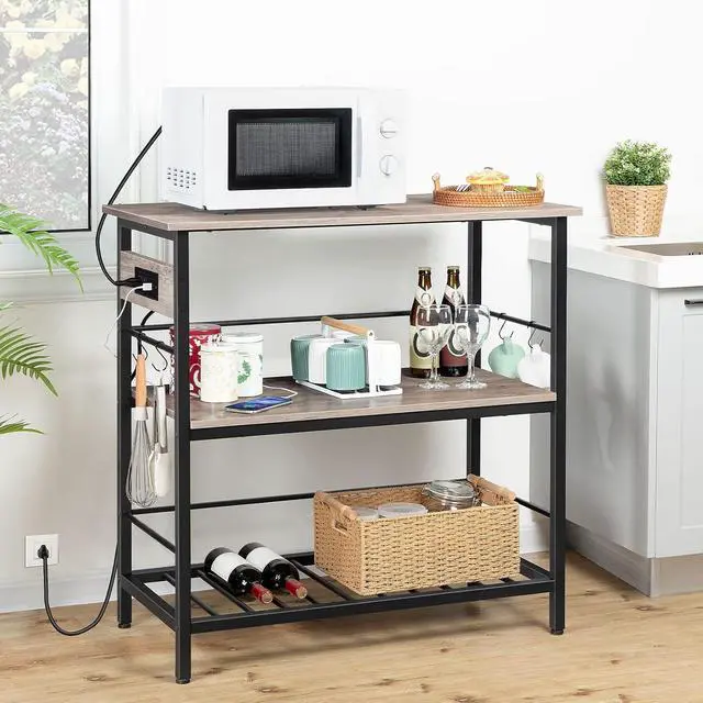 Alt view image 2 of 7 - Kitchen Island with Storage, Kitchen Island Table with Power Outlet, 3 Tier Coffee Station and Microwave Stand, for Home, Dining Room, Greige and Black BG021ZD01