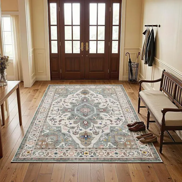 Alt view image 7 of 7 - Washable Rug 6 x 9 Area Rugs for Living Room, Non-Slip Stain Resistant Rug, Low Pile Soft Rug Indoor Large Carpets Pet Friendly Mat, for Bedroom Kitchen Dining Room, Vintage Green GN04AR01