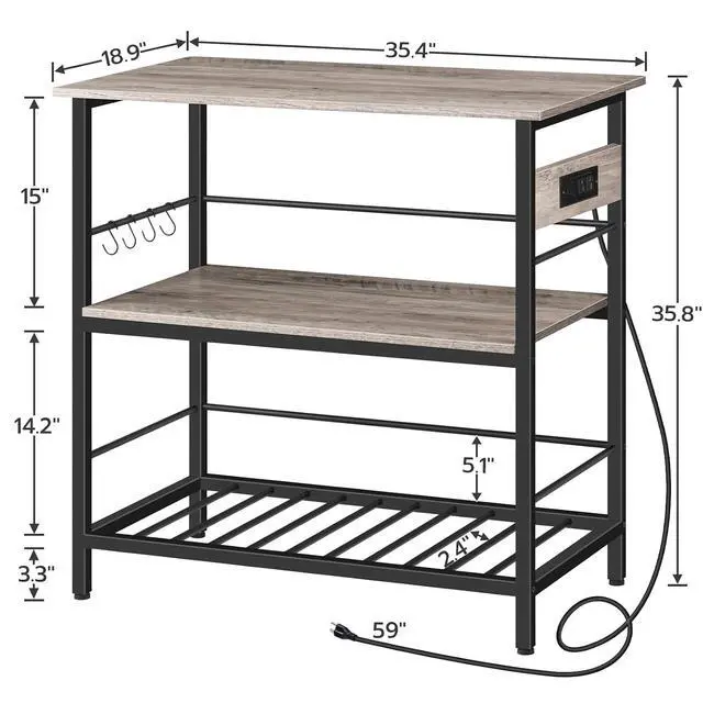 Alt view image 3 of 7 - Kitchen Island with Storage, Kitchen Island Table with Power Outlet, 3 Tier Coffee Station and Microwave Stand, for Home, Dining Room, Greige and Black BG021ZD01