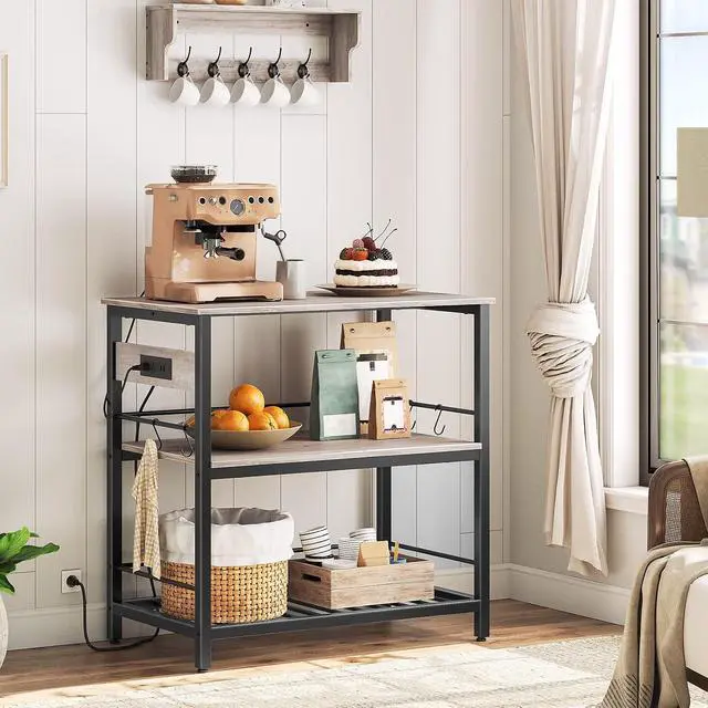 Alt view image 4 of 7 - Kitchen Island with Storage, Kitchen Island Table with Power Outlet, 3 Tier Coffee Station and Microwave Stand, for Home, Dining Room, Greige and Black BG021ZD01