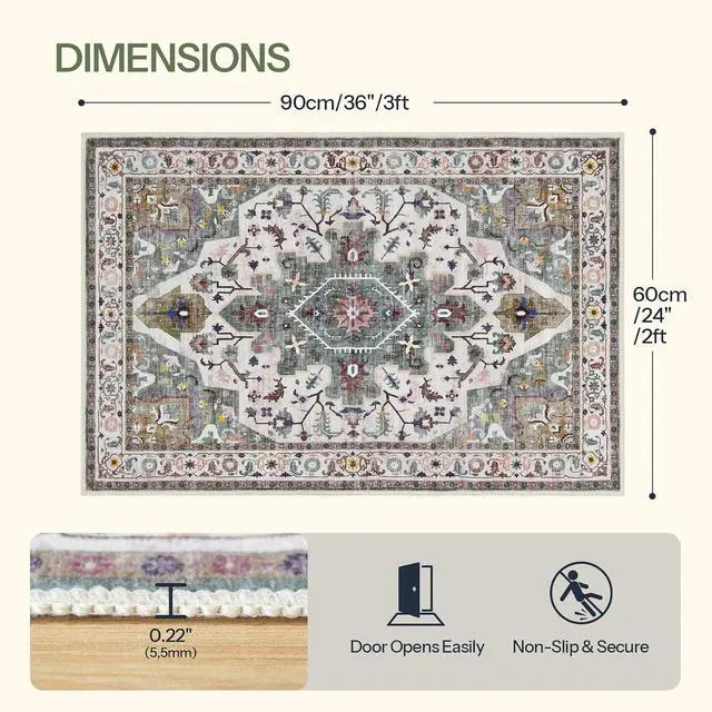 Alt view image 2 of 7 - 2 x 3 Area Rugs Washable, Small Rugs for Entryway Kitchen Bathroom Mat Indoor Low Pile Soft Rug, Non-Slip Backing Stain Resistant Carpets, Pet Friendly Machine Washable, Vintage Green GN01AR01